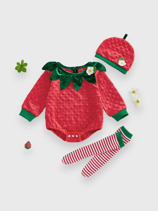 3 Pcs Baby Strawberry Bodysuit Socks Set