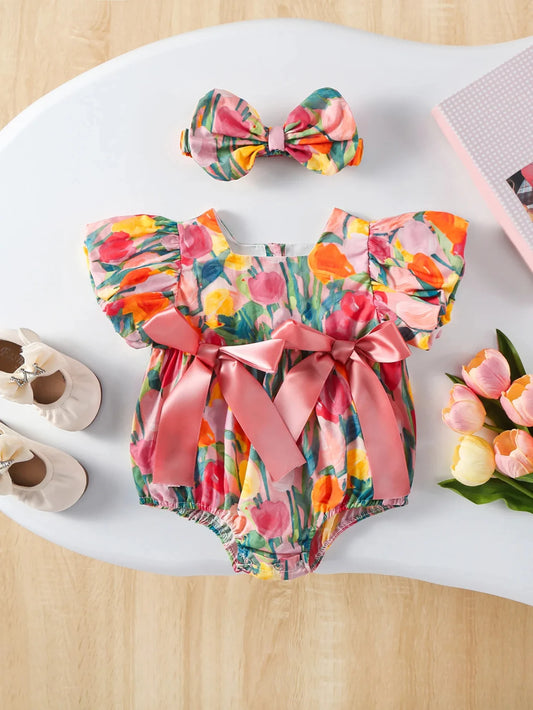 2 Pc Baby Girl Watercolor Bodysuit with Headband