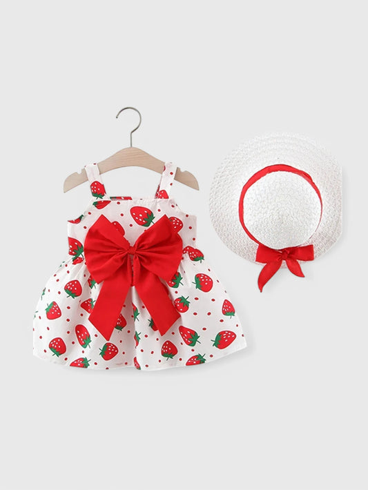 Baby Girl Strawberry Bow Dress with Hat