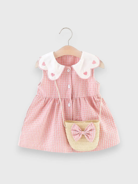 2 Pc Gingham Heart Collar Sun Dress with Bag