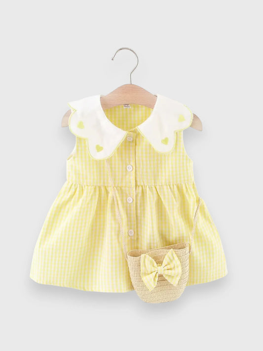 2 Pc Gingham Heart Collar Sun Dress with Bag