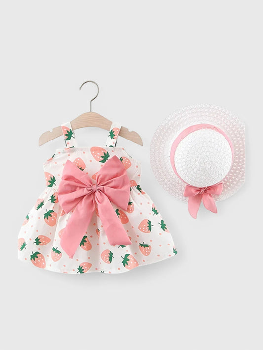 Baby Girl Strawberry Bow Dress with Hat