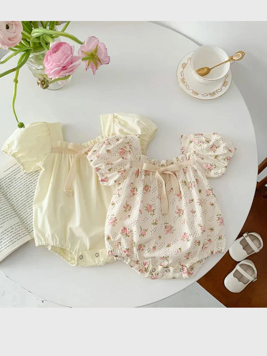 Baby Girl Vintage Puff Sleeve Tie Bodysuit