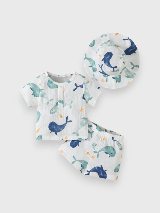 3 Pc Baby Boy Whale Print Cotton Set