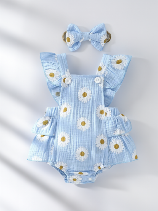 Baby Girl Daisy Floral Ruffle Trim Overall Bodysuit & Headband