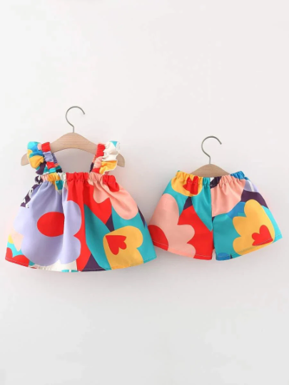Baby Girl Colorful Big Abstract Flower Print Ruffle Top and Short Set
