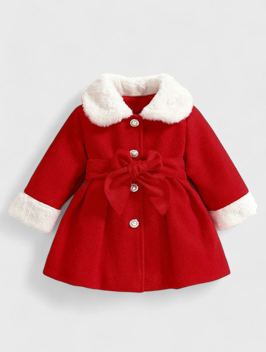 Baby Girl Fuzzy Trim Cuff Collar Pearl Button Coat
