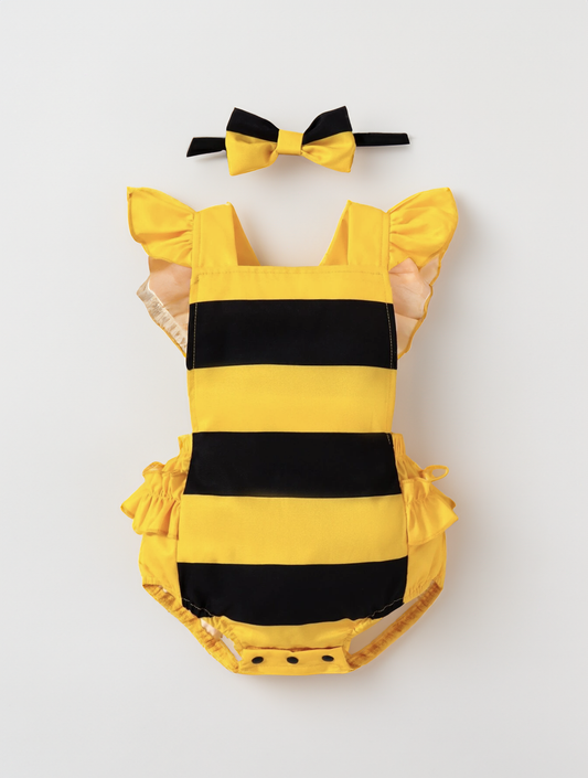 CL-2 Pcs Baby Girl Ruffle Bumble Bee Yellow Black Stripe bodysuit