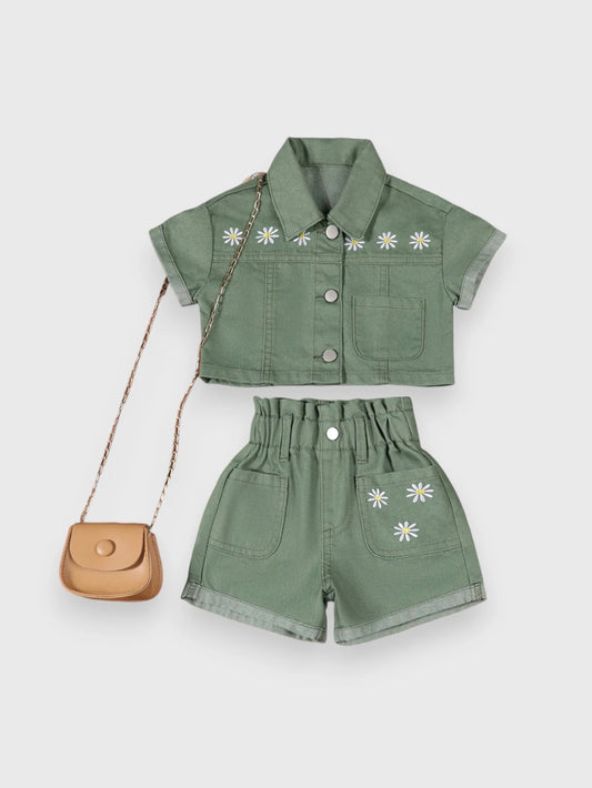 2 Pc Daisy Emb Denim Shorts Set