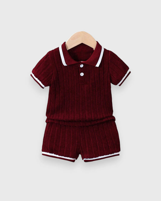 Burgundy toddler polo shirt and shorts with contrasting cream trim