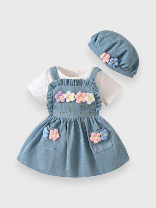 3 Pc Baby Girl Spring Flower Corduroy Overall Set