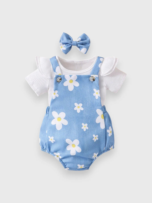 3 Pcs Baby Girl Daisy Print Overall Bodysuit Set