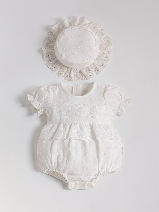 2 Pc Infant baby Girl Swiss Dot Puff Sleeve Eyelet Bodysuit with Hat