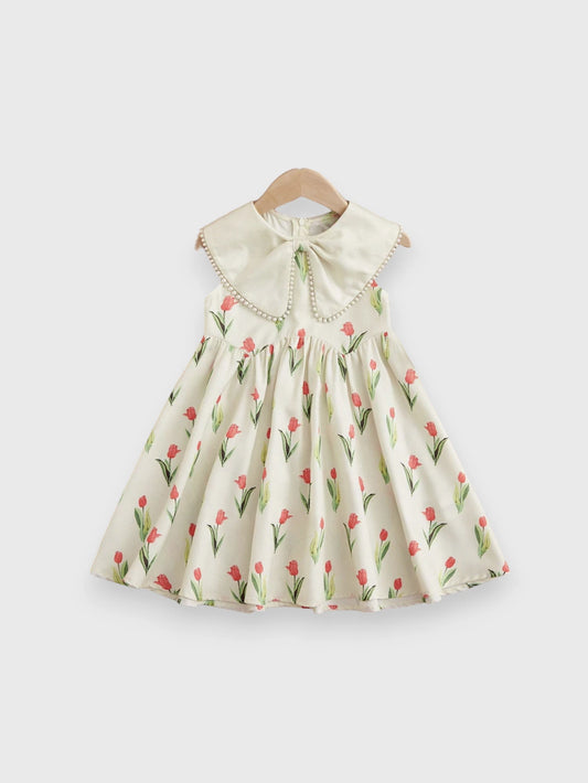 Girls Tulip Print Pearl Collar Dress