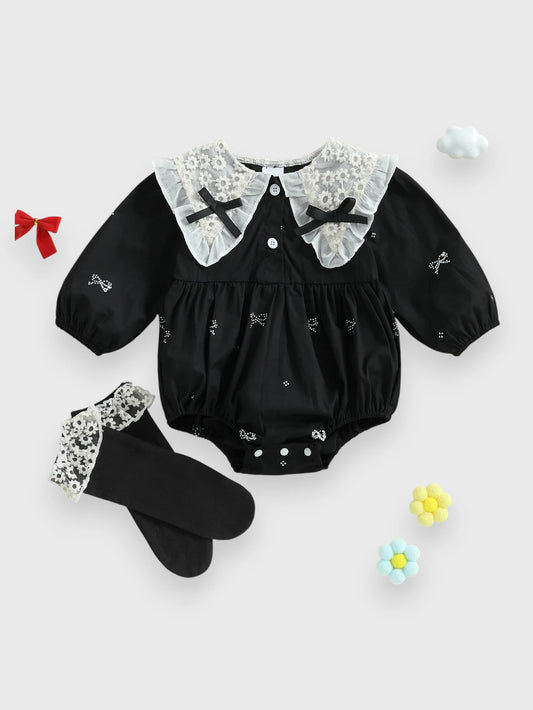 2 Pc Baby Girl Lace Collar Bow Bodysuit Set