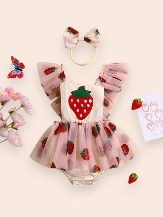 2 Pcs Baby Tulle Strawberry Bodysuit