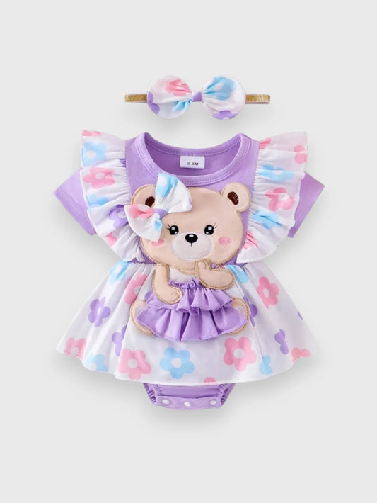 2 Pc Baby Girl Bear Path Bodysuit with Headband