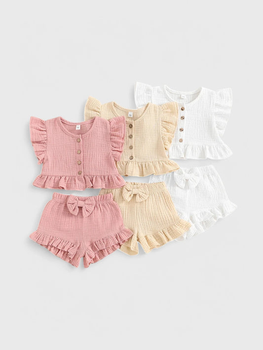 2 Pc Summer Ruffle Cotton Shirt Short Set