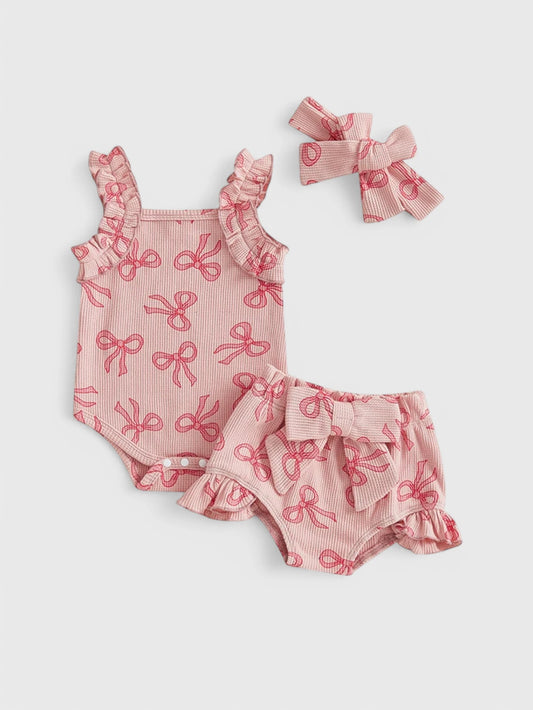 3 Pcs Baby Girly Bow Print Ribbed Set