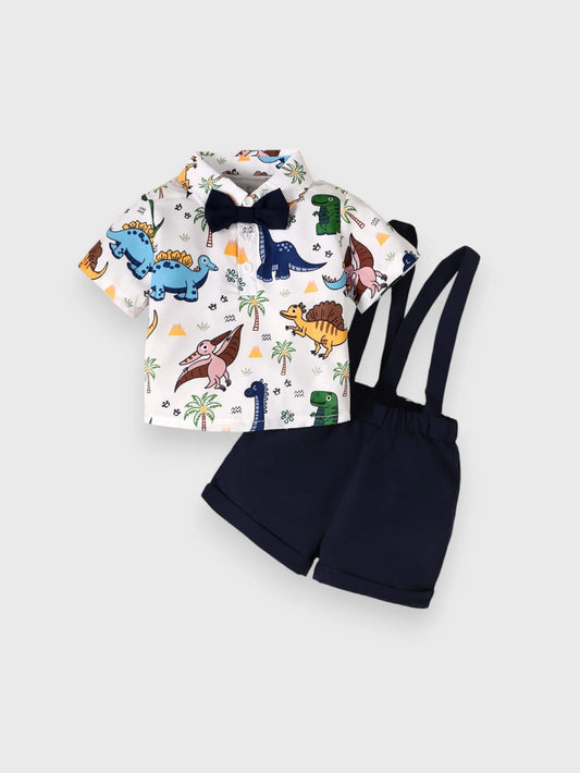 2 Pcs Baby Boy Dinosaur Suspender Shorts Set