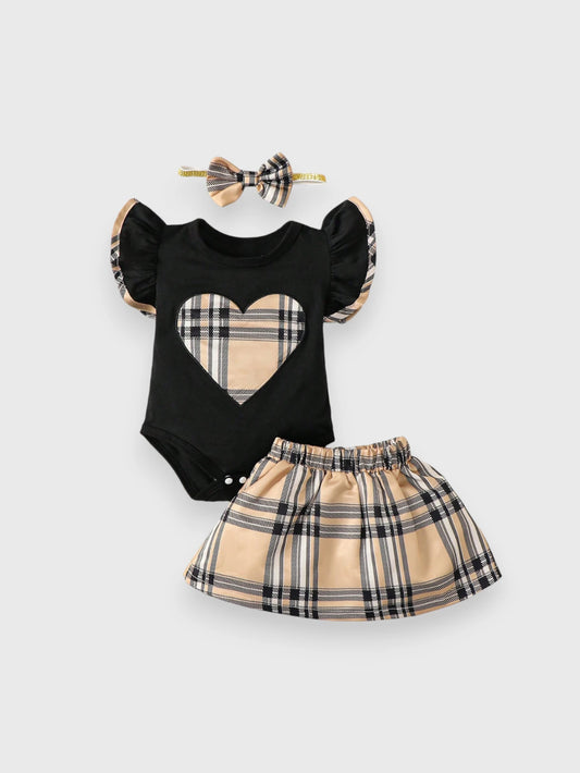 3 Pcs Baby Girl Heart Plaid Print Set