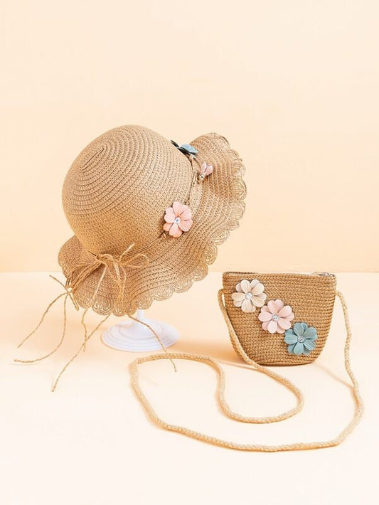 2 Pcs Toddler Girls Flower Tassel Scallop edge Straw Hat with matching Bag. Spring Summer Hat for Girls. Gift for Little Girls