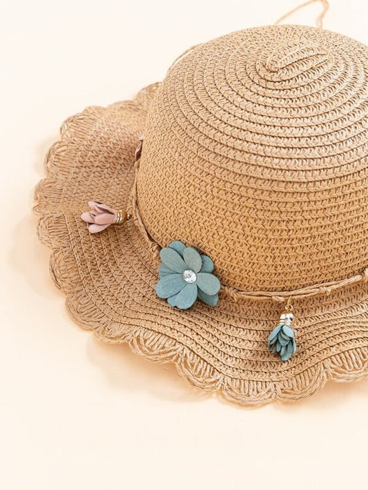 2 Pcs Toddler Girls Flower Tassel Scallop edge Straw Hat with matching Bag. Spring Summer Hat for Girls. Gift for Little Girls