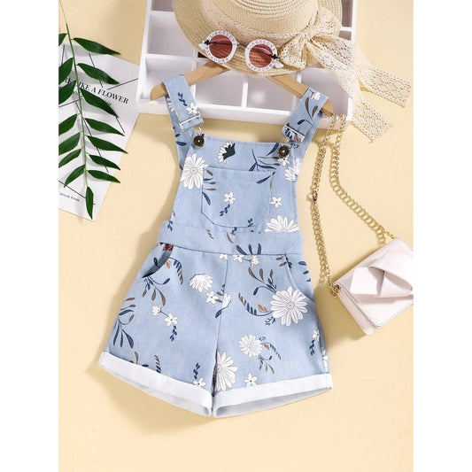 Toddler Little Girl Blue Floral Print Short Overalls Summer Spring Outfit