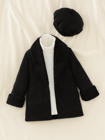 Baby Girl Raw Finish Pocket Shearling Sherpa Lapel Collar Coat and Beret