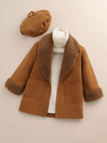 Baby Girl Raw Finish Pocket Shearling Sherpa Lapel Collar Coat and Beret