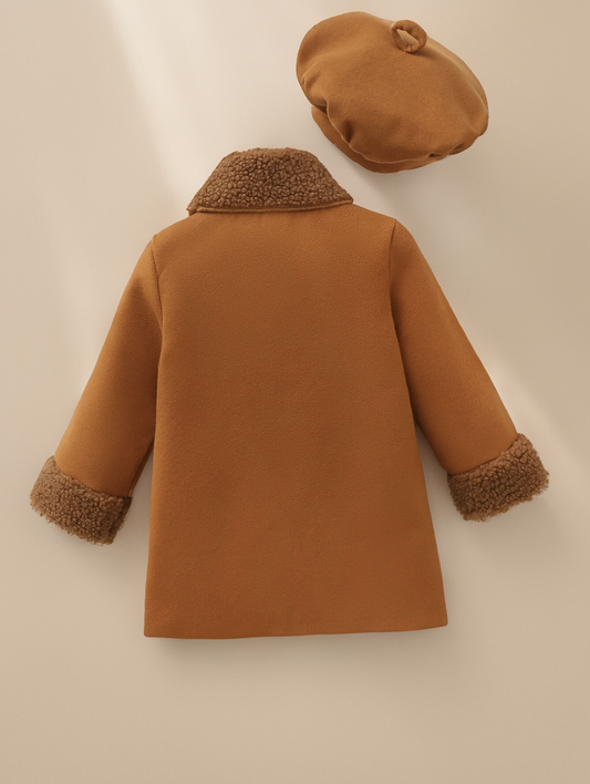 Baby Girl Raw Finish Pocket Shearling Sherpa Lapel Collar Coat and Beret