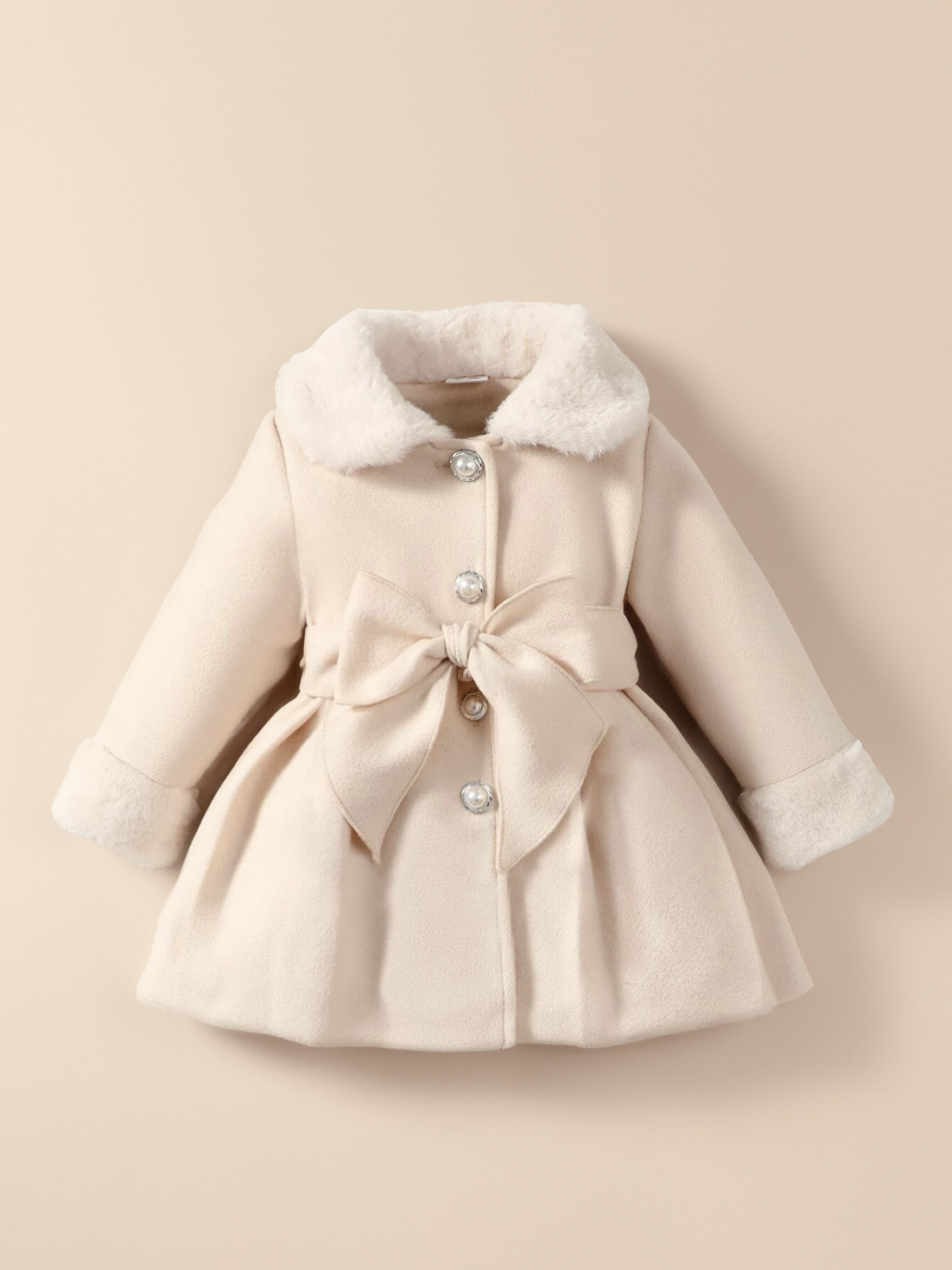 Baby Girl Fuzzy Trim Cuff Collar Pearl Button Coat