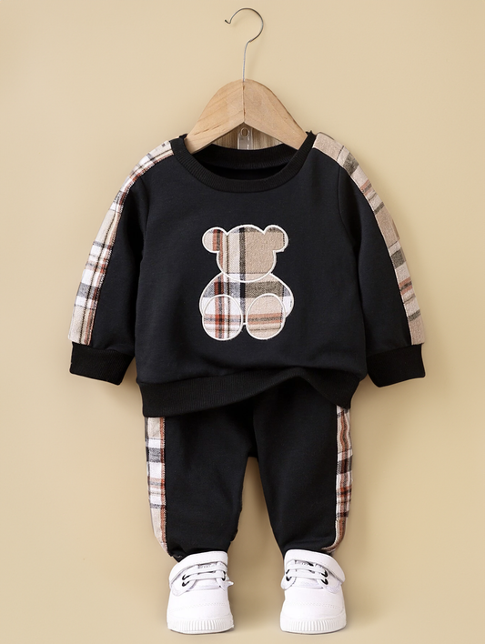 2 Piece Baby Boy Brown Plaid Bear and Trim Sweat shirt and Pant Set