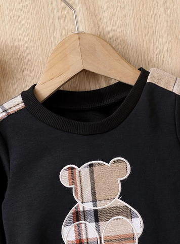 2 Piece Baby Boy Brown Plaid Bear and Trim Sweat shirt and Pant Set