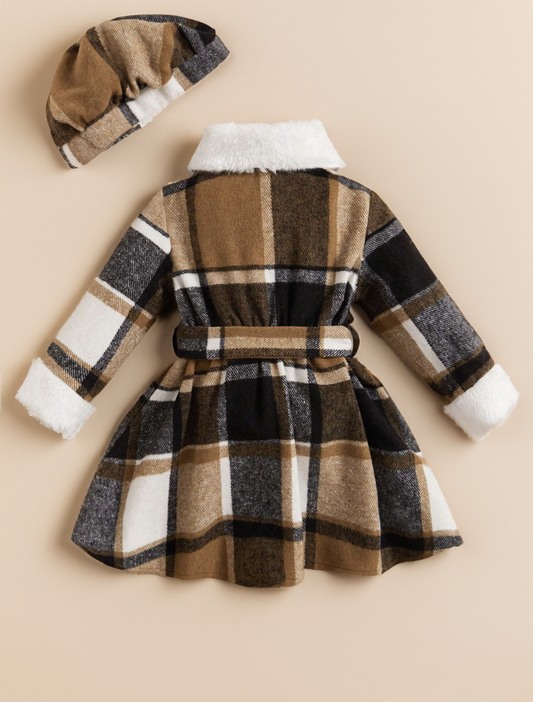 Baby Girl Plaid dress with Fuzzy trim and matching Beret Hat