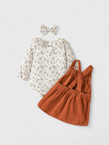 3 pc Baby Girl Corduroy Fox Overall Dress