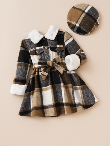 Baby Girl Plaid dress with Fuzzy trim and matching Beret Hat