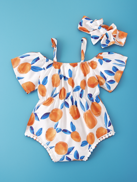 2 Pcs baby Girl Summer Orange Mandarin Fresh Fruit Off Shoulder Romper Onesie Bodysuit with Headband