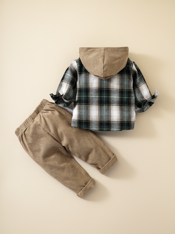 2 Pc Baby Boy Contrast Hooded  Button up Plaid Shirt with matching Corduroy Pant Set