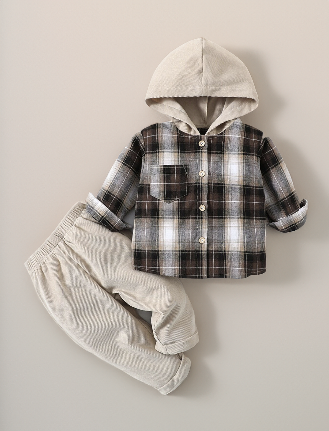 2 Pc Baby Boy Contrast Hooded  Button up Plaid Shirt with matching Corduroy Pant Set