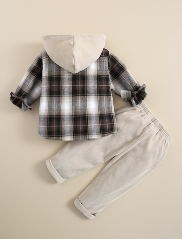 2 Pc Baby Boy Contrast Hooded  Button up Plaid Shirt with matching Corduroy Pant Set