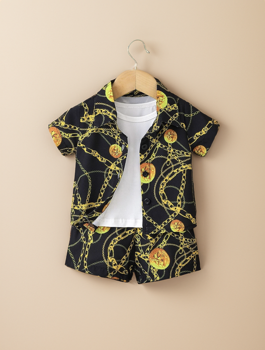 2 Pcs Baby Boy Gold Chains Print Button up Collar Shirt with Shorts Set