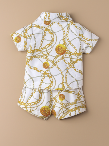 2 Pcs Baby Boy Gold Chains Print Button up Collar Shirt with Shorts Set