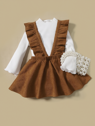 2 Pc Baby Girl Lettuce Mock Neck Ribbed Top with Ruffle Corduroy Suspender Skirt