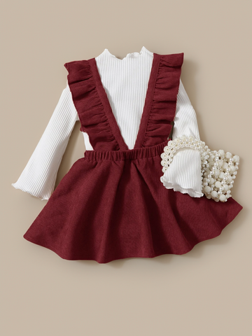 2 Pc Baby Girl Lettuce Mock Neck Ribbed Top with Ruffle Corduroy Suspender Skirt