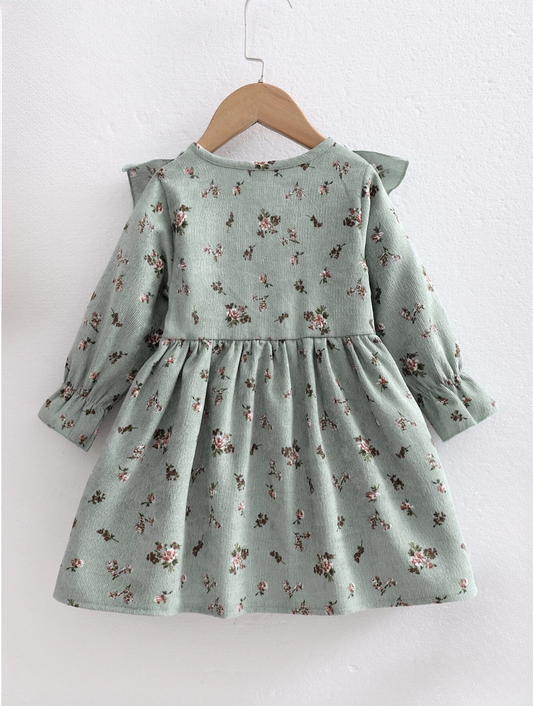 Baby Girl Vintage Romantic Flowers Ruffle Corduroy Dress