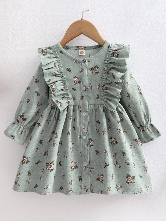 Baby Girl Vintage Romantic Flowers Ruffle Corduroy Dress