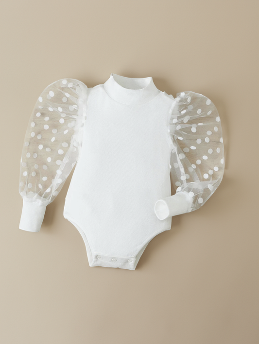 Baby Girl Mock Neck sheer Polka Dot Puff Sleeve bodysuit