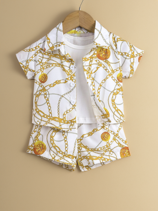 2 Pcs Baby Boy Gold Chains Print Button up Collar Shirt with Shorts Set