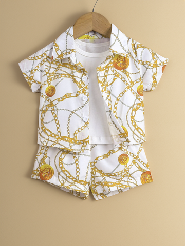 2 Pcs Baby Boy Gold Chains Print Button up Collar Shirt with Shorts Set